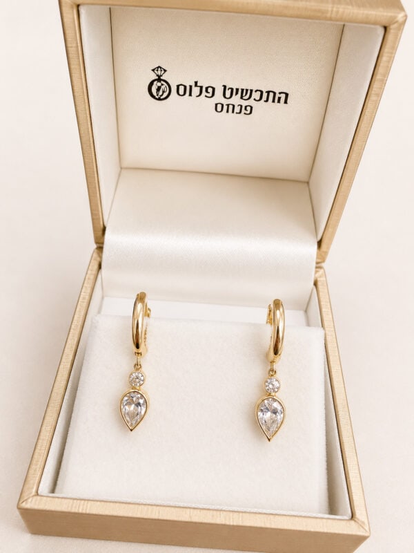 עגילי חישוק זהב 14k תלויים עם אבן עגולה ואבן טיפה